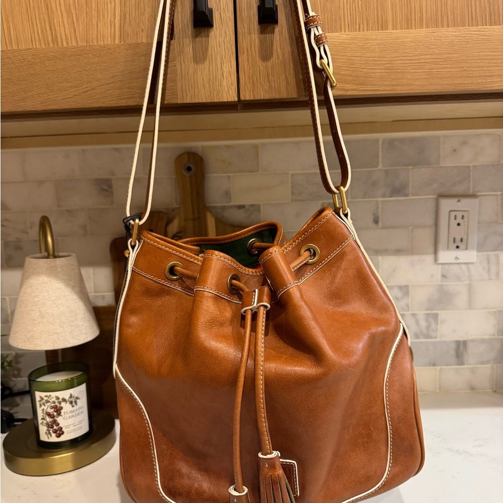 Dooney & Bourke Tan Leather Drawstring Bucket Bag with Tassels - Picture 2 of 6